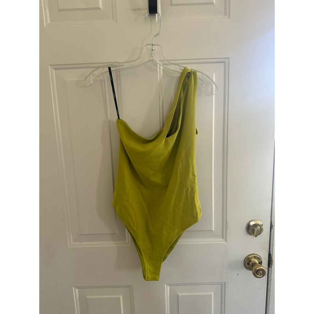Forever 21 Womens One Shoulder Cut Out Knit Bodysuit Green Large NEW